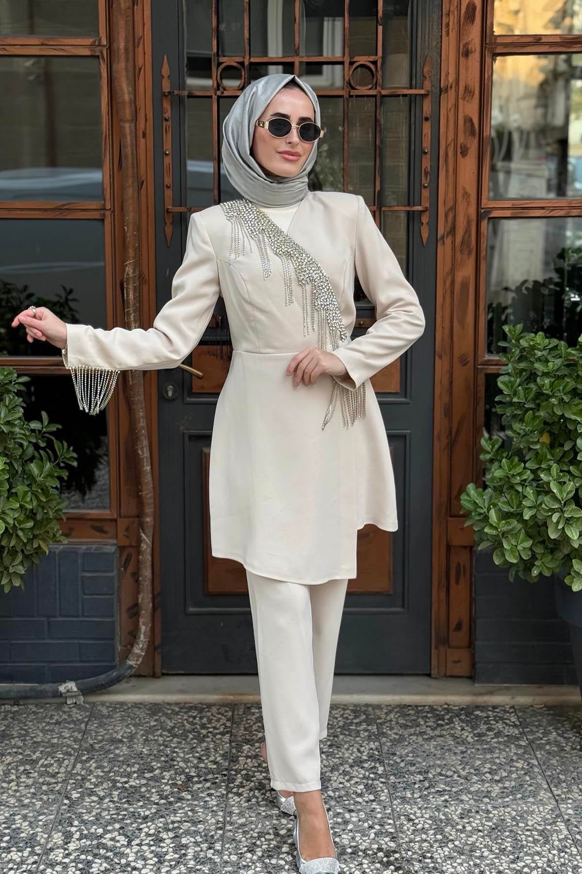 RİBAS Abiye Pantalonlu Takım R132 Bej