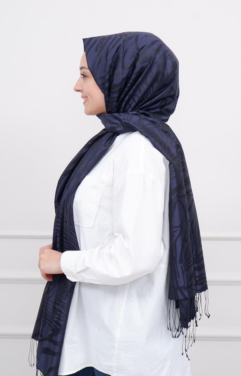 Zebra Jakar Desenli İpek Şal 05139 Lacivert
