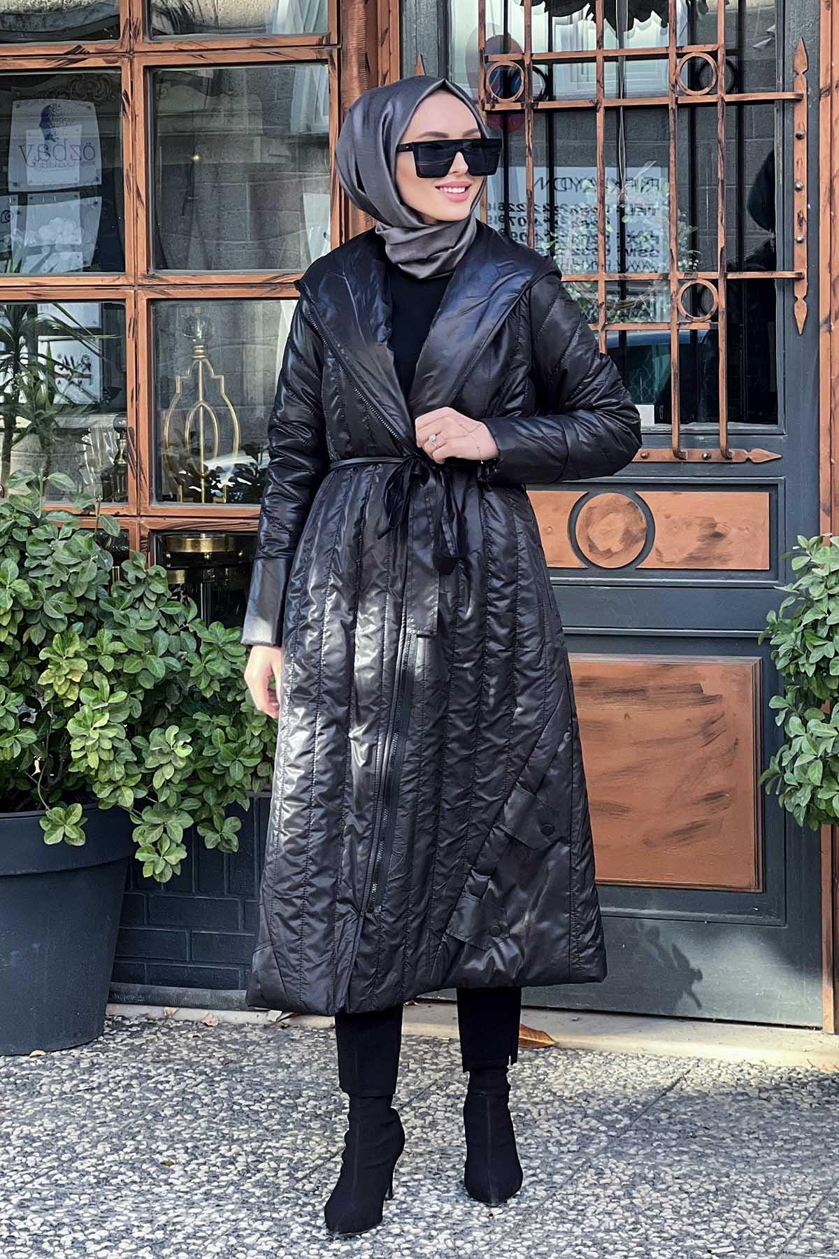 ŞÜKRAN Kapüşonlu Şişme Uzun Mont 36256 | Ekshibutik.com