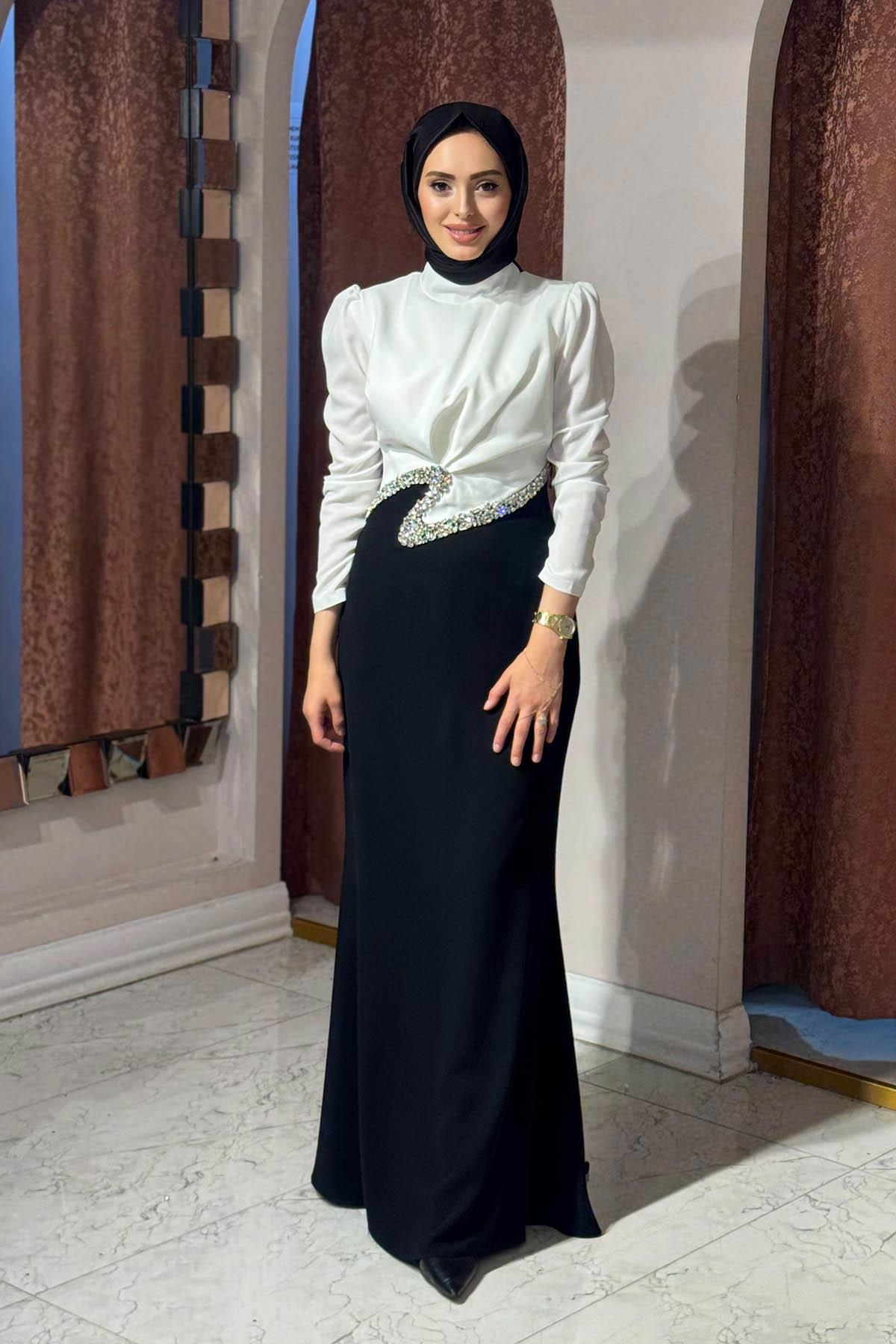 TUAY Abiye 4468 Beyaz - Siyah