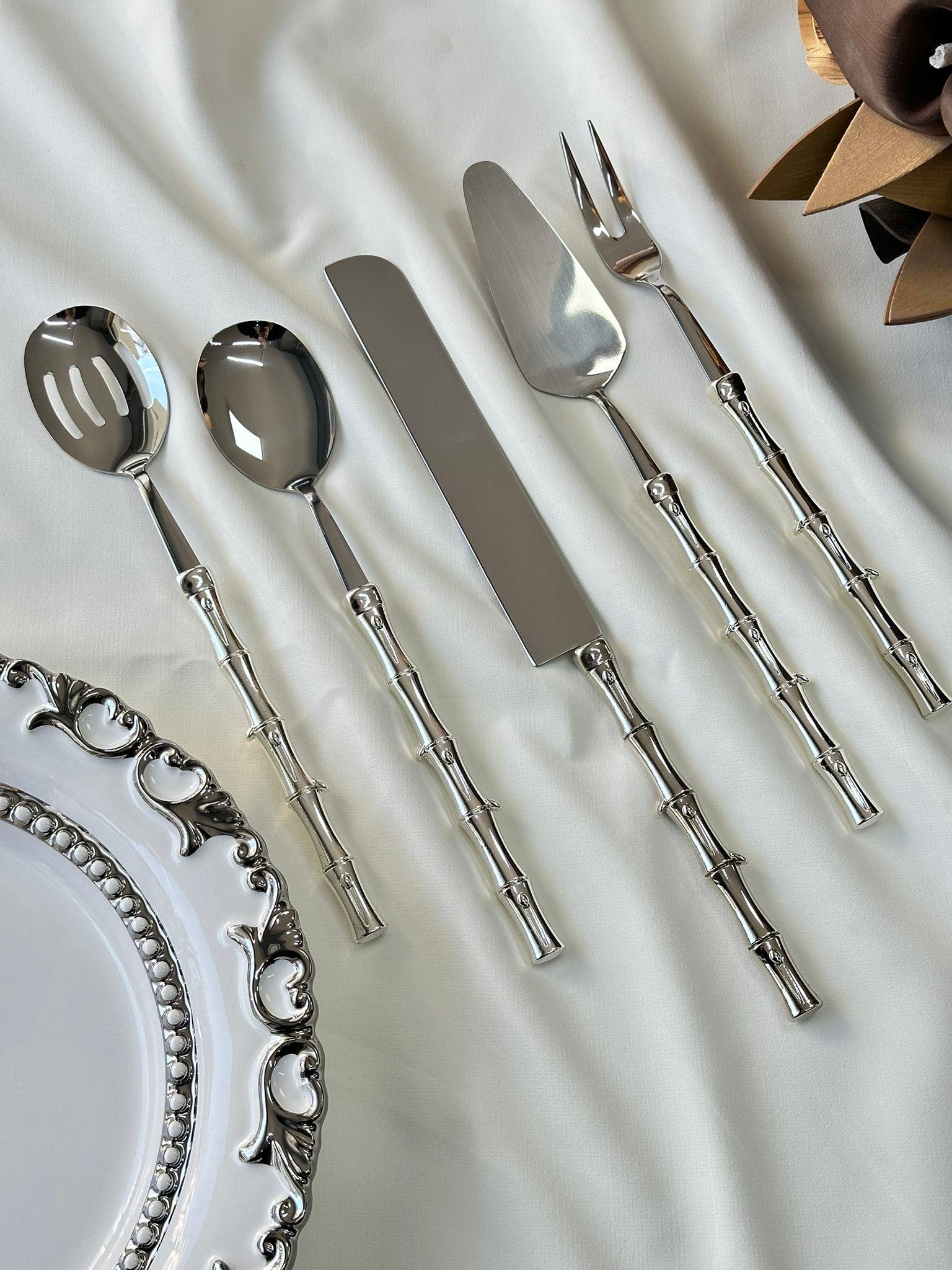 Bambu Saplı Gümüş Servis Kaşık Seti 5 Parça