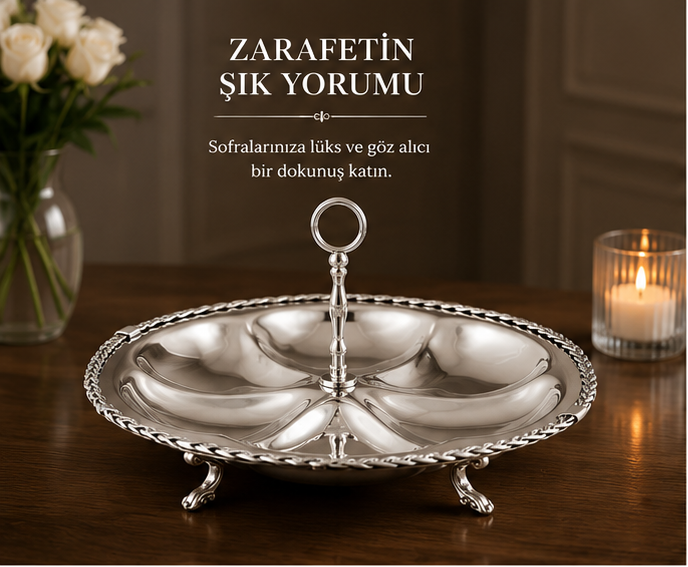 Black Pearl Gümüş Halat Desenli Kulplu 6 Bölmeli Sunumluk 