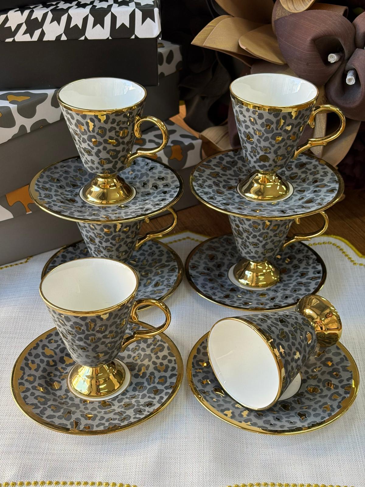 Türk Kahve Fincanı Leopar Desenli 6 Kişilik 12 Parça / Gri