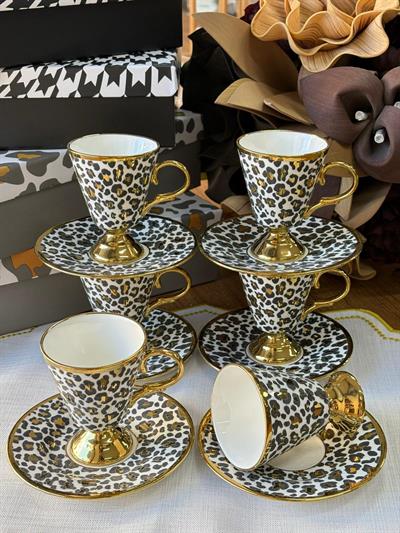 Türk Kahve Fincanı Leopar Desenli 6 Kişilik 12 Parça / Beyaz