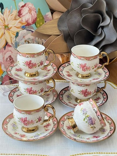 Türk Kahve Fincanı Sakura Pembe 6 Kişilik 12 Parça