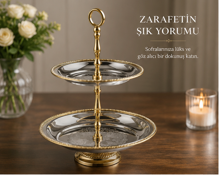 Black Pearl Gold Halat Desenli İki Katlı Sunumluk