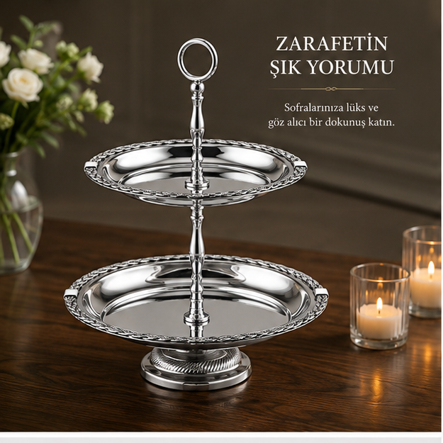 Black Pearl Gümüş Halat Desenli İki Katlı Sunumluk