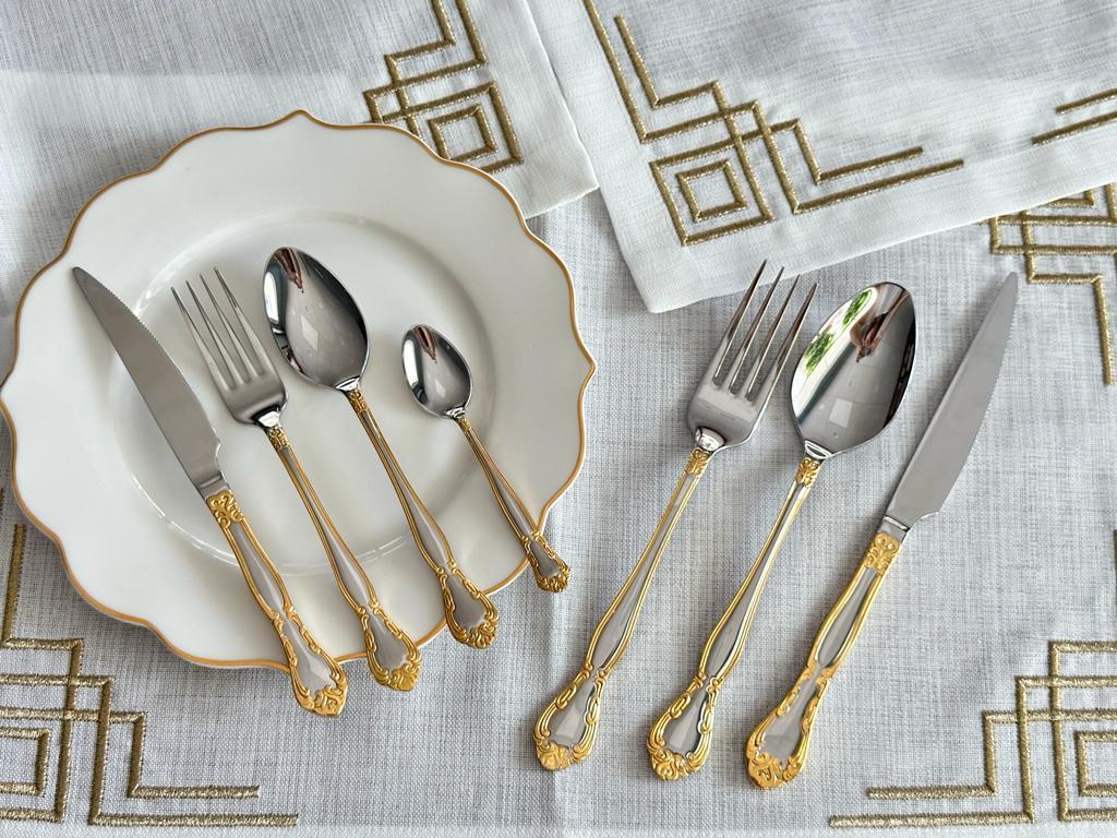 Elegant 42 Parça 6 Kişilik Dekorlu Altın Çatal Kaşık Bıçak Seti