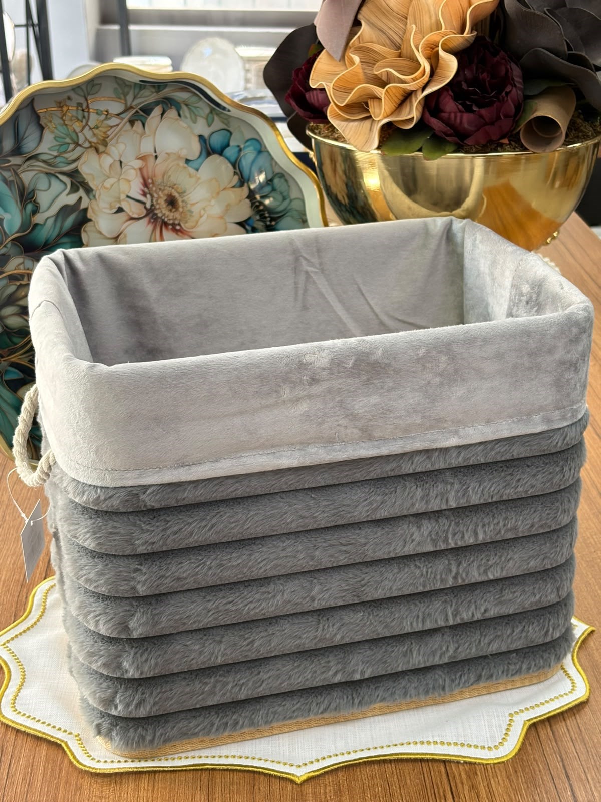 Kadife Torbalı Hasır Sepet - Çok Amaçlı Çiçeklik / Gazetelik / Dekoratif Kutu /Düzenleme / 35x26x28cm