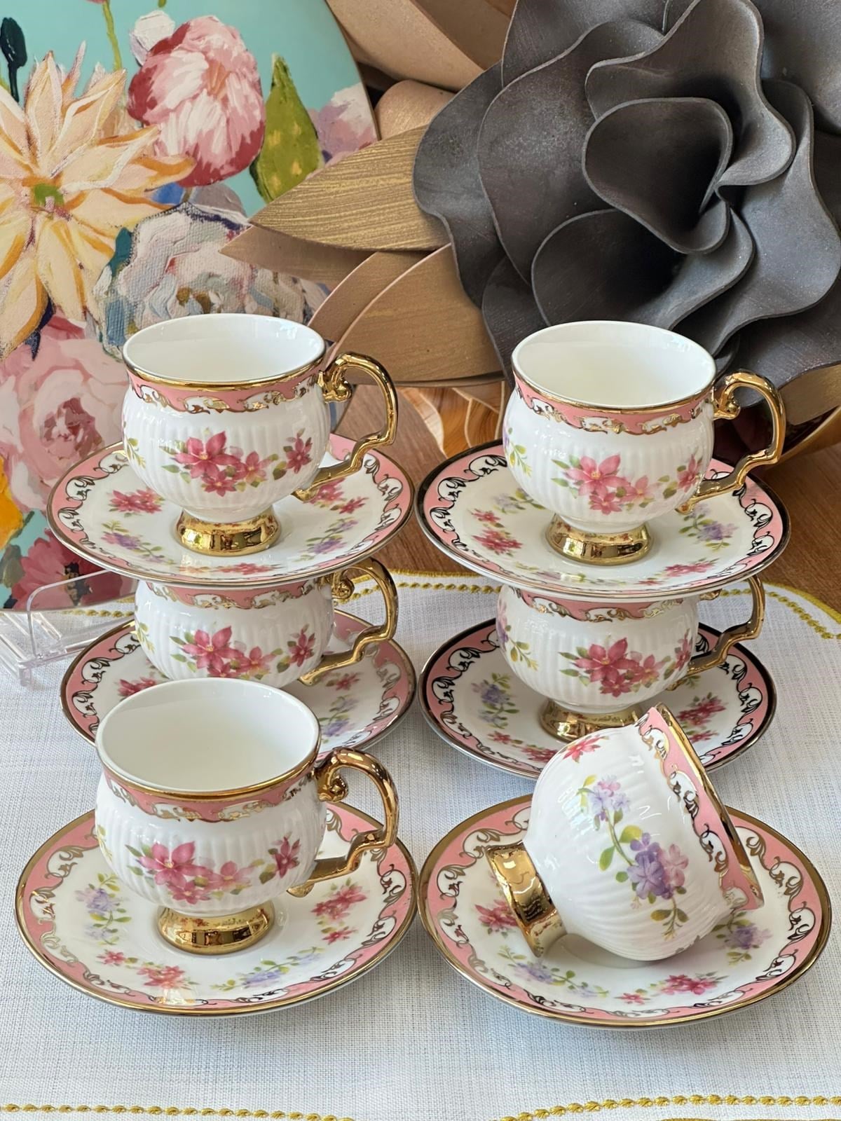 Türk Kahve Fincanı Sakura Pembe 6 Kişilik 12 Parça