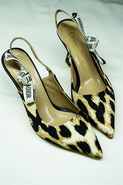 Yanira Leopar Tekstil Sivri Burunlu Arkası Açık Leopar Deri Kadın Stiletto / Leopar Tekstil Topuklu Ayakkabı