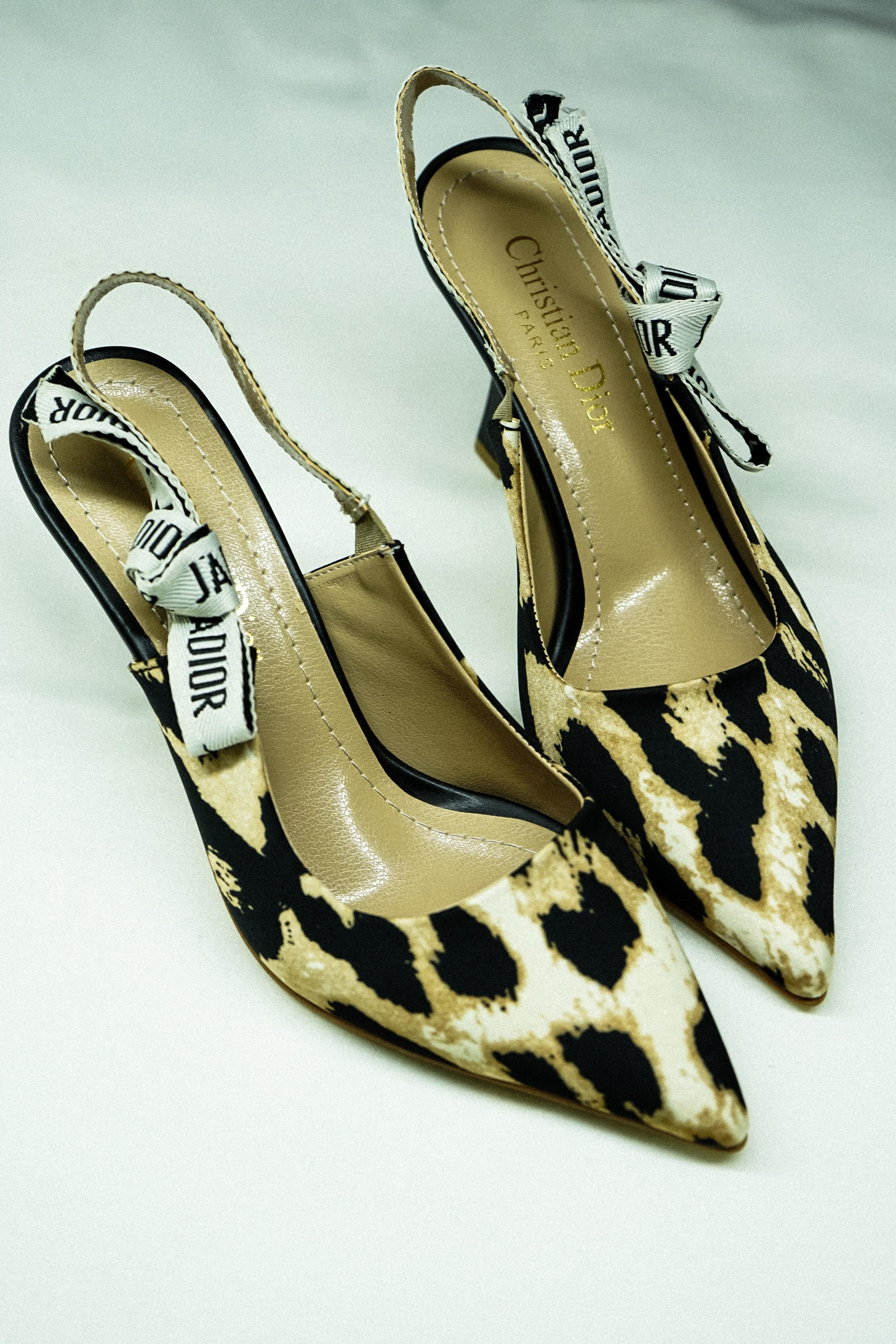 Yanira Leopar Tekstil Sivri Burunlu Arkası Açık Leopar Deri Kadın Stiletto / Leopar Tekstil Topuklu Ayakkabı