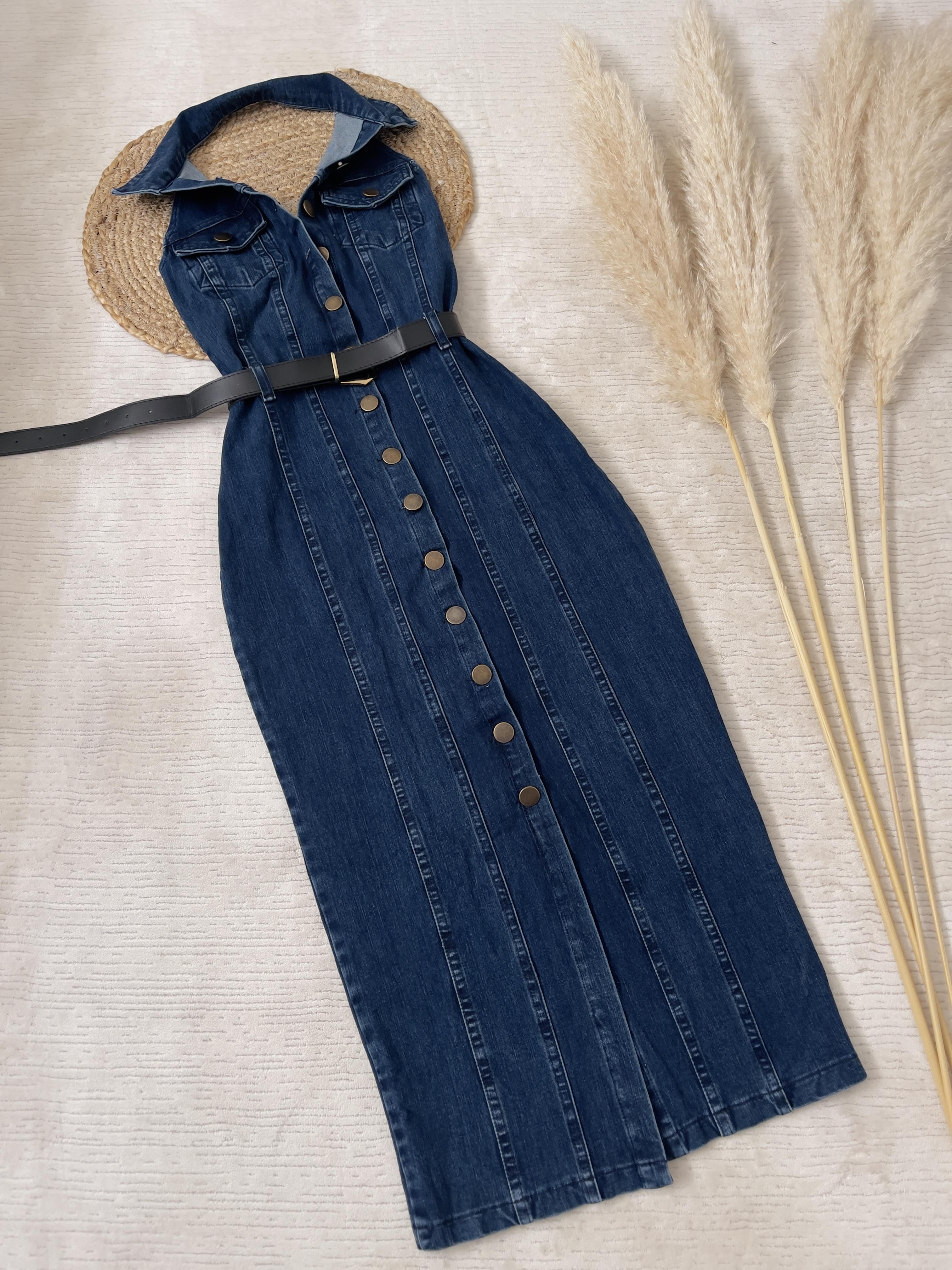 KEMERLİ MİDİ BOY DENİM ELBİSE 