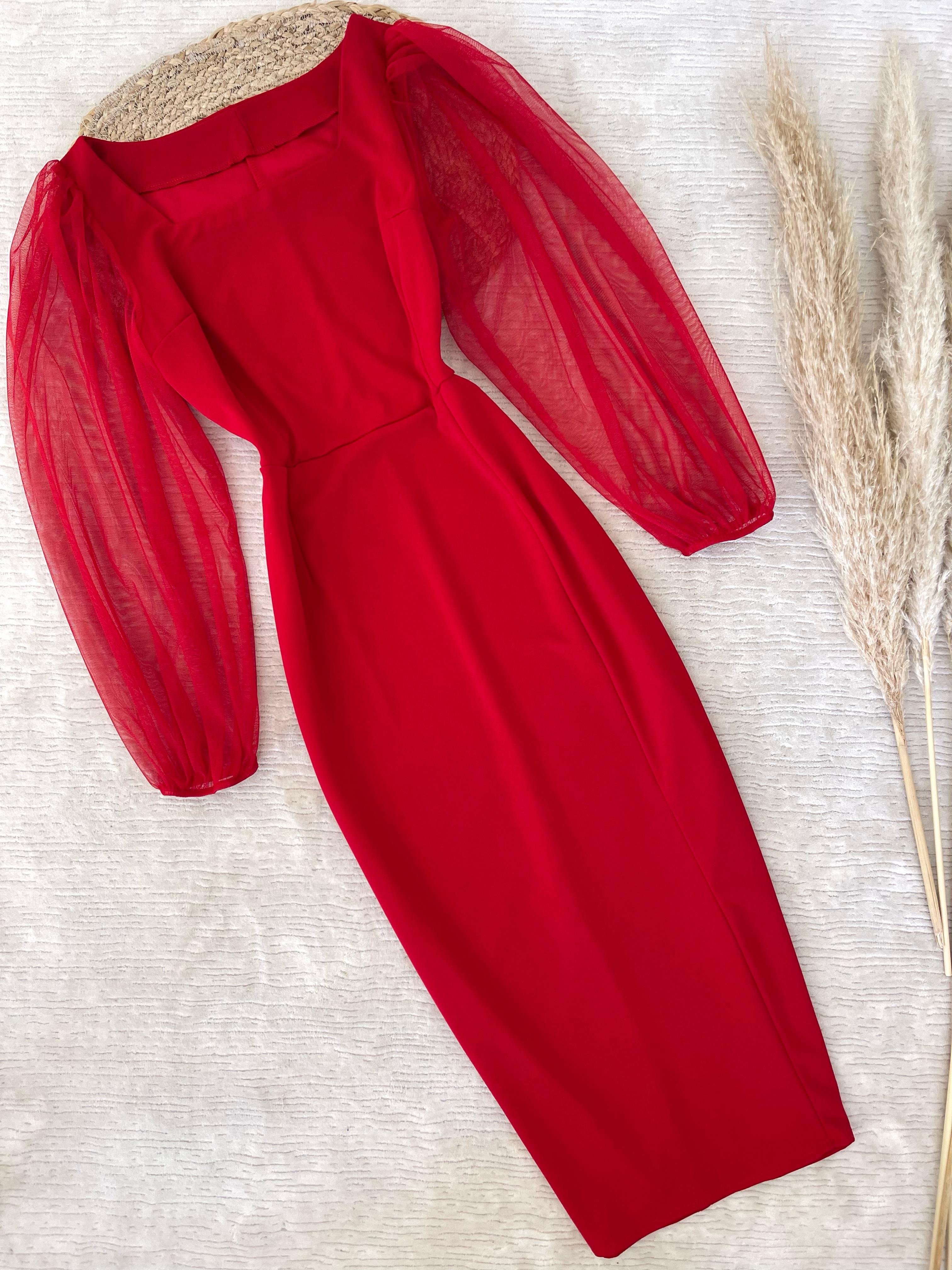 KOLU TÜL KALEM ELBİSE