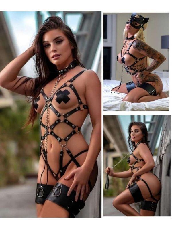 CENSAN Siyah Boyunluk ve Tasma Detaylı Özel Bacak Tasarımlı Seksi Bodysuit