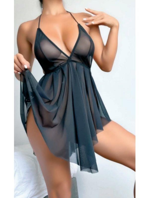 Censan Sırt Dekolteli Mini Tül Gecelik