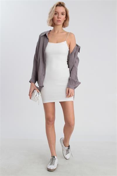 0045 İP ASKILI PAMUK ELBİSE EKRU