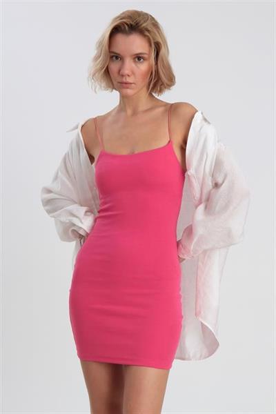 0045 İP ASKILI PAMUK ELBİSE FUŞYA