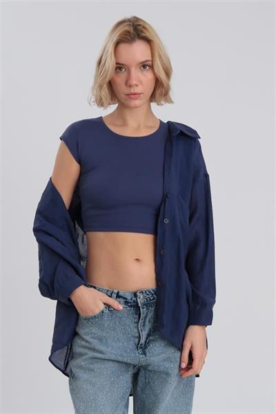 0053 PAMUK KISA KOL CROP LACİVERT