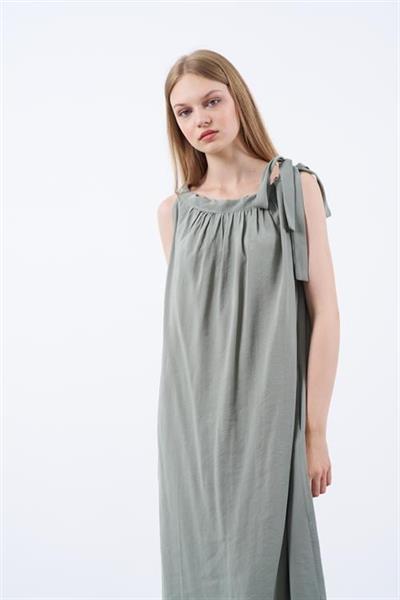 3213 OMUZDAN BAĞLAMALI ELBİSE ÇAĞLA YEŞİL