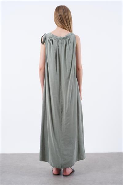 3213 OMUZDAN BAĞLAMALI ELBİSE ÇAĞLA YEŞİL