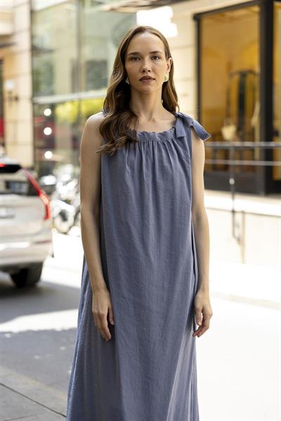 3213 OMUZDAN BAĞLAMALI ELBİSE GRİ-MAVİ