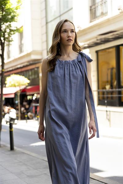 3213 OMUZDAN BAĞLAMALI ELBİSE GRİ-MAVİ