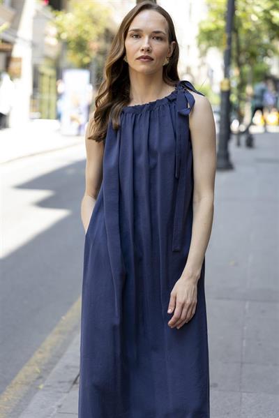 3213 OMUZDAN BAĞLAMALI ELBİSE LACİVERT