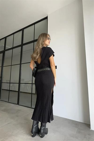 3233 KETEN ELBİSE SİYAH