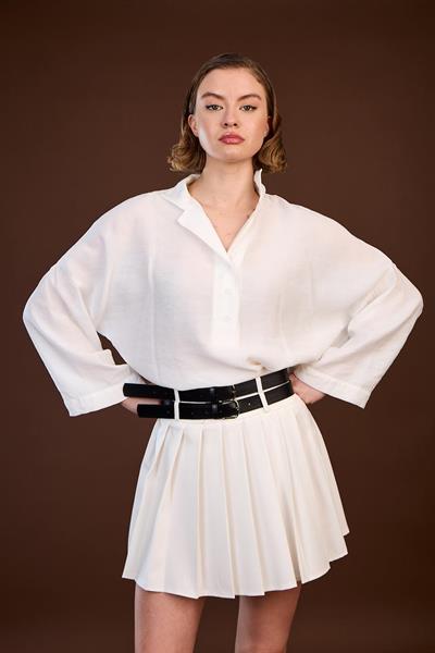 3239 PİLİLİ ÇİFT KEMERLİ ETEK BEYAZ