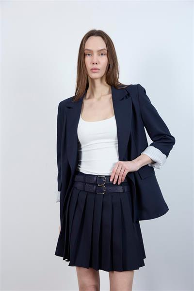 3239 PİLİLİ ÇİFT KEMERLİ ETEK LACİVERT