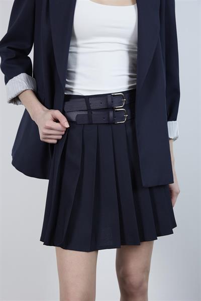 3239 PİLİLİ ÇİFT KEMERLİ ETEK LACİVERT