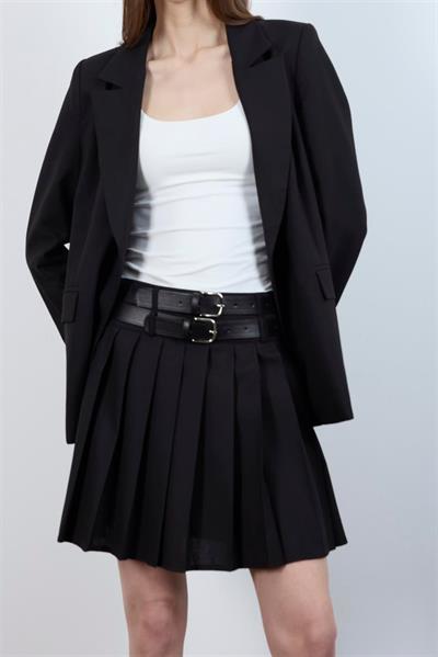 3239 PİLİLİ ÇİFT KEMERLİ ETEK SİYAH