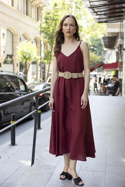 3303 İP ASKILI KEMERLİ ELBİSE BORDO