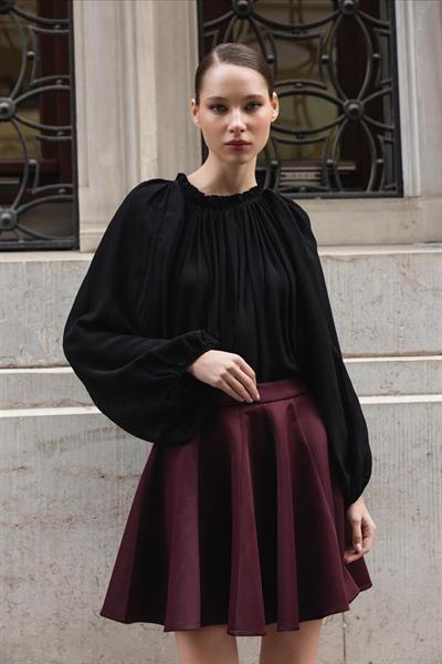 4959 YAKASI BÜZGÜLÜ BLUZ SİYAH