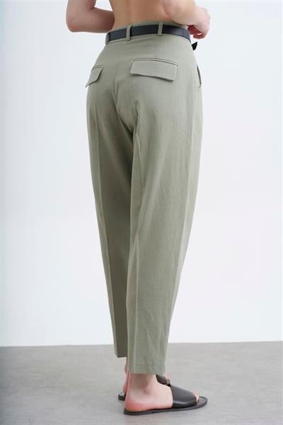 50985 KEMERLİ KETEN PANTOLON ÇAĞLA YEŞİL