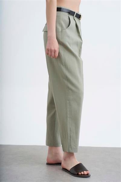 50985 KEMERLİ KETEN PANTOLON ÇAĞLA YEŞİL