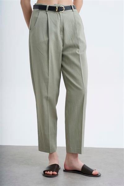 50985 KEMERLİ KETEN PANTOLON ÇAĞLA YEŞİL