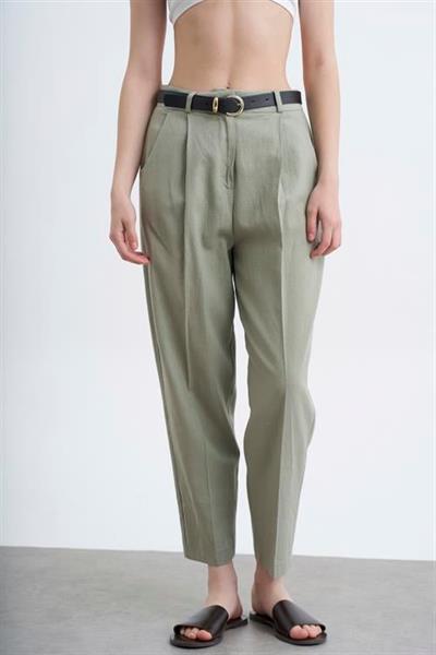 50985 KEMERLİ KETEN PANTOLON ÇAĞLA YEŞİL