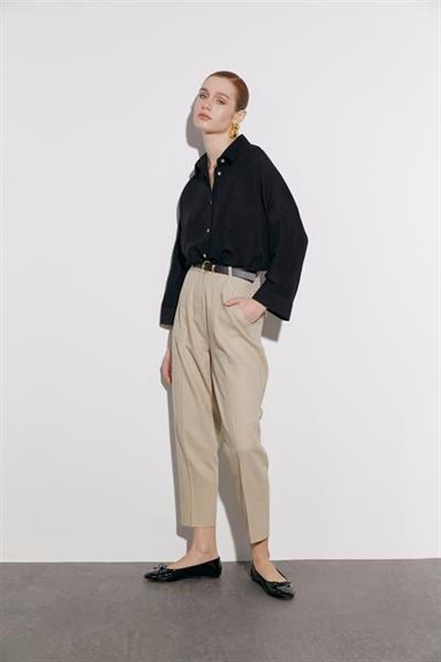 50985 KEMERLİ KETEN PANTOLON TAŞ