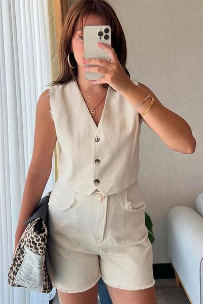 51054 GABARDİN YELEK ŞORT TAKIM TAŞ