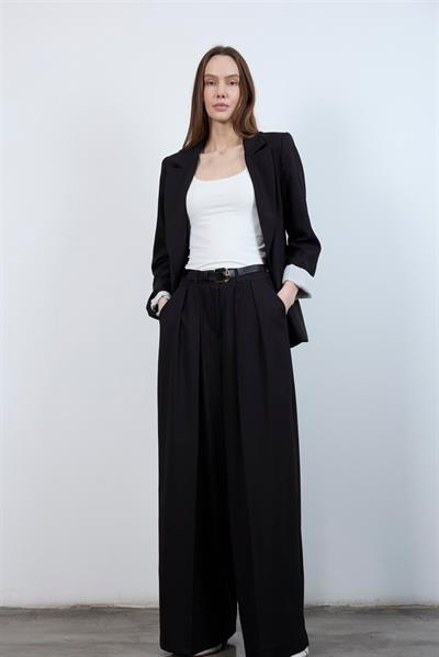 51070 PİLİLİ PALAZZO KEMERLİ PANTOLON SİYAH