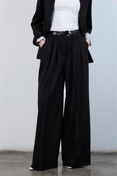 51070 PİLİLİ PALAZZO KEMERLİ PANTOLON SİYAH