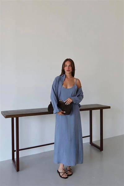 51153 GÖMLEK ELBİSE TAKIM GRİ-MAVİ