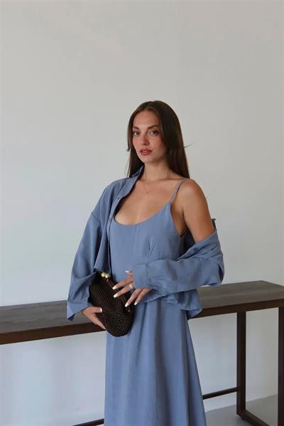 51153 GÖMLEK ELBİSE TAKIM GRİ-MAVİ