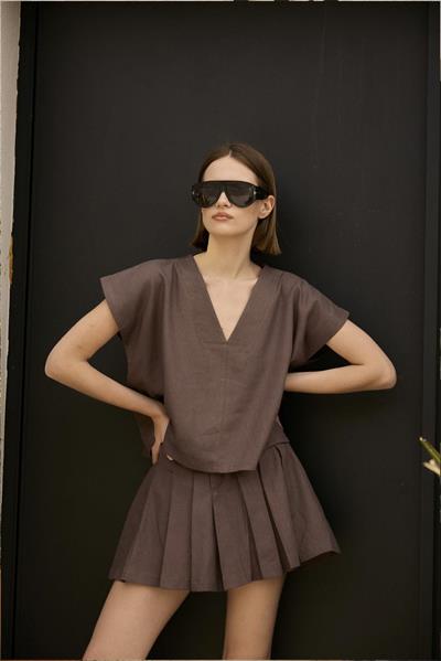 51169 BLUZ ŞORT ETEK TAKIM KAHVE