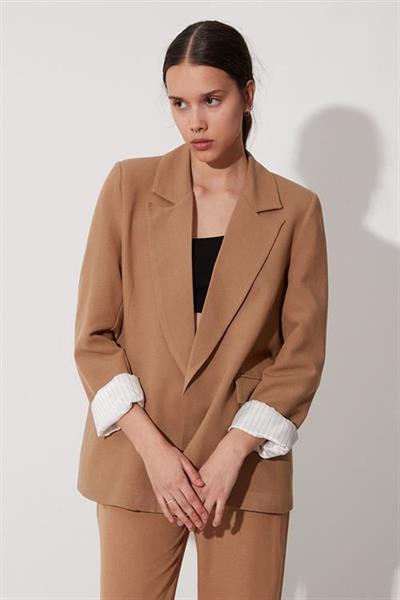 9158 ÇİZGİLİ ASTARLI KETEN CEKET CAMEL