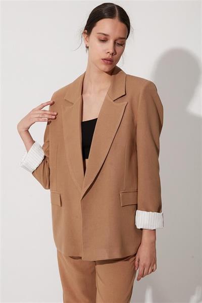 9158 ÇİZGİLİ ASTARLI KETEN CEKET CAMEL