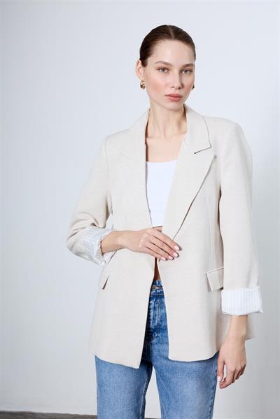 9158 ÇİZGİLİ ASTARLI KETEN CEKET TAŞ