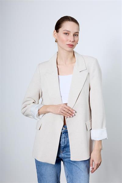 9158 ÇİZGİLİ ASTARLI KETEN CEKET TAŞ